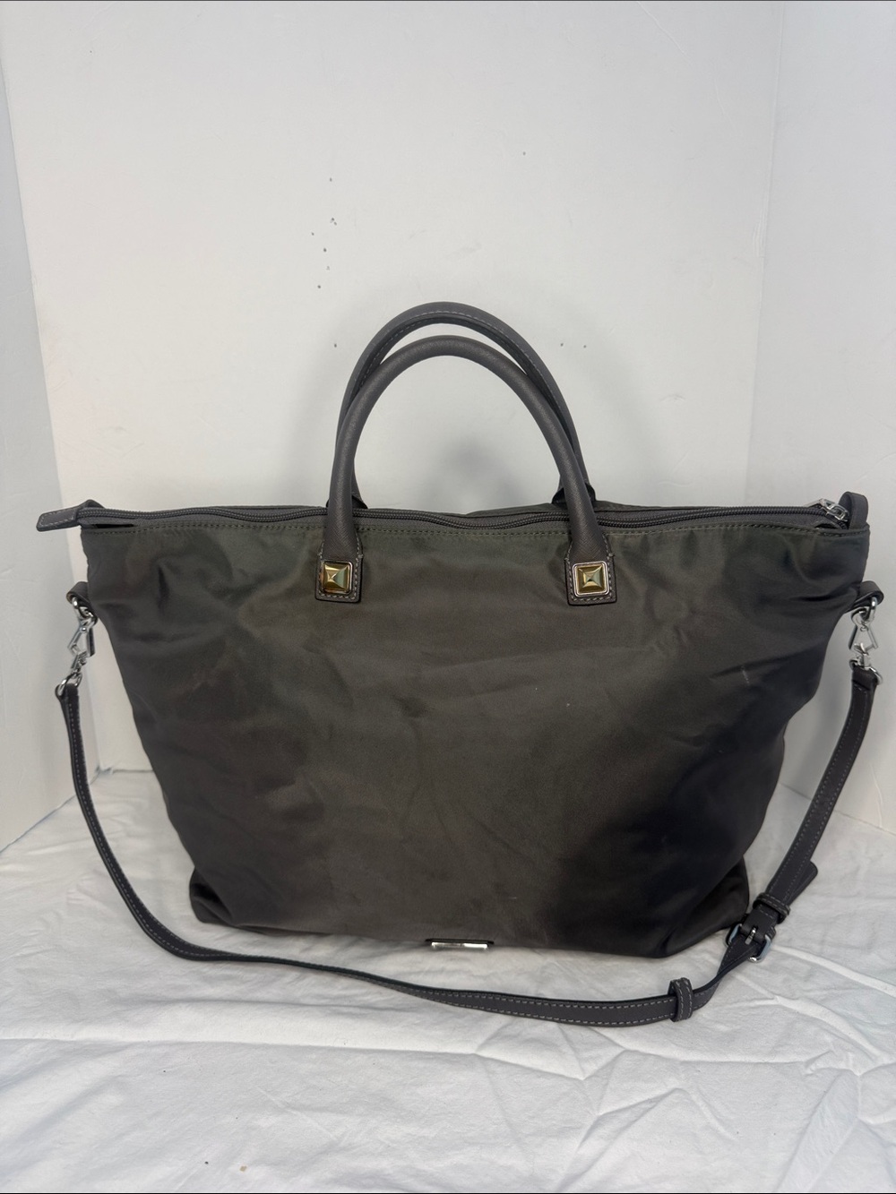 REBECCA  MINKOFF  MOTT  GRAY  NYLON  LEATHER  HANDLE  TOTE  BAG